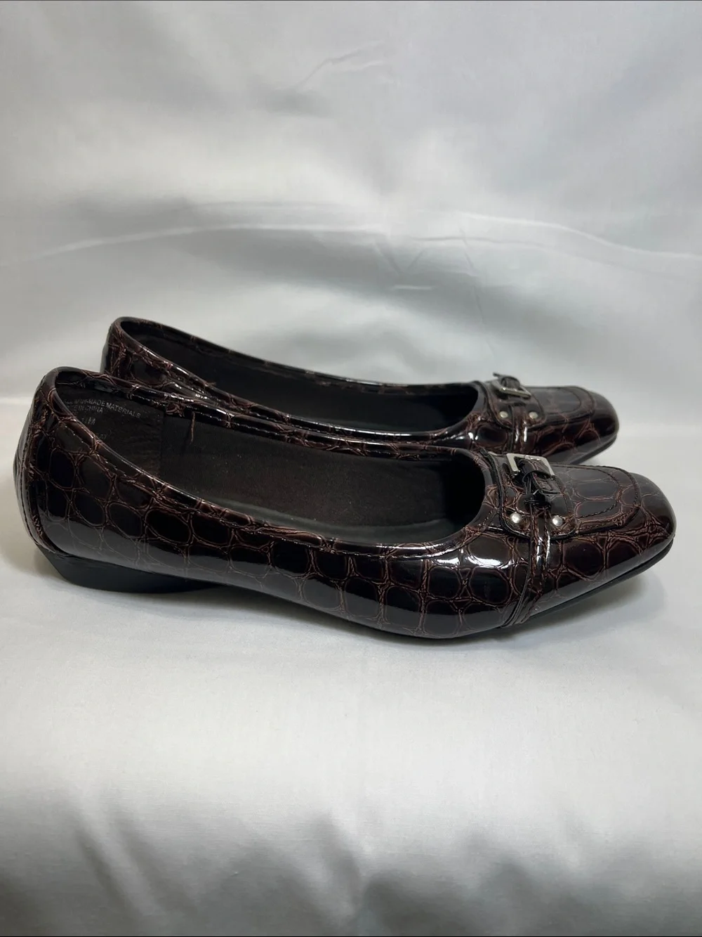 Classic Brown Croc-Embossed Buckle Ballet Flats